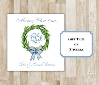 Personalized Christmas Monogram Wreath Gift Tags or Stickers | Holiday Monogram Gift Tags | Personalized Gift Tags | Preppy Gift Tags