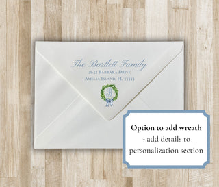 Family Christmas Card | Blue Bow Wreath Family Holiday Card | Preppy Xmas Card | Printed or PDF File | Portrait or Landscape | 2-Sided Card