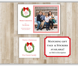 Family Christmas Card | Red Bow Wreath Family Holiday Card | Preppy Xmas Card | Printed Christmas Card | Portrait or Landscape | 2 Sided