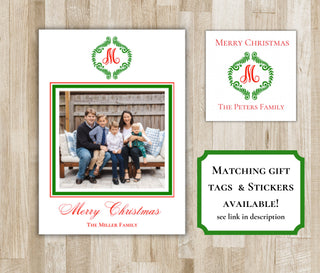Monogram Wreath Christmas Card | Holiday Photo Card | Preppy Christmas Card | Monogram Portrait Xmas Card | Digital File or Printed