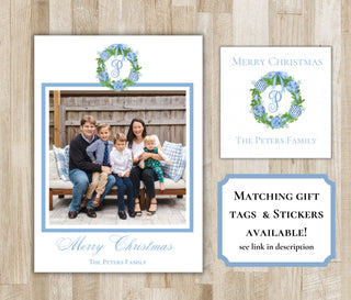 Light Blue and Green Ornament Wreath Christmas Card | Holiday Photo Card | Preppy Monogram Xmas Card | Digital File or Printed | 2 Sides