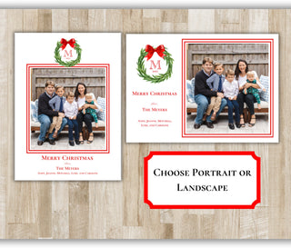 Family Christmas Card | Red Bow Wreath Family Holiday Card | Preppy Xmas Card | Printed Christmas Card | Portrait or Landscape | 2 Sided