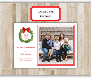 Family Christmas Card | Red Bow Wreath Family Holiday Card | Preppy Xmas Card | Printed Christmas Card | Portrait or Landscape | 2 Sided