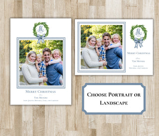 Family Christmas Card | Blue Bow Wreath Family Holiday Card | Preppy Xmas Card | Printed or PDF File | Portrait or Landscape | 2-Sided Card