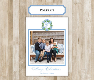 Light Blue and Green Ornament Wreath Christmas Card | Holiday Photo Card | Preppy Monogram Xmas Card | Digital File or Printed | 2 Sides