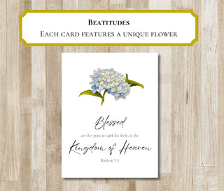 Beatitudes Greeting Cards | Set of 8 Bible Verse Folded Notecards | Custom Flower Artwork | Matthew 5:3-10 | Christian Gift