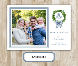 Family Christmas Card | Blue Bow Wreath Family Holiday Card | Preppy Xmas Card | Printed or PDF File | Portrait or Landscape | 2-Sided Card