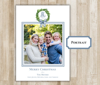 Family Christmas Card | Blue Bow Wreath Family Holiday Card | Preppy Xmas Card | Printed or PDF File | Portrait or Landscape | 2-Sided Card