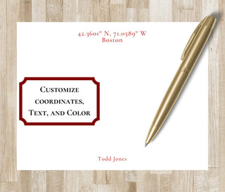 Custom Latitude Longitude Coordinates Stationery | Lat Long Coordinates Geography Stationary | Anniversary Wedding Gift | Custom Location