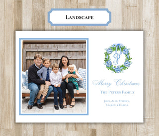 Light Blue and Green Ornament Wreath Christmas Card | Holiday Photo Card | Preppy Monogram Xmas Card | Digital File or Printed | 2 Sides