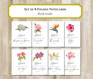 Beatitudes Greeting Cards | Set of 8 Bible Verse Folded Notecards | Custom Flower Artwork | Matthew 5:3-10 | Christian Gift