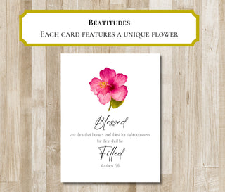 Beatitudes Greeting Cards | Set of 8 Bible Verse Folded Notecards | Custom Flower Artwork | Matthew 5:3-10 | Christian Gift