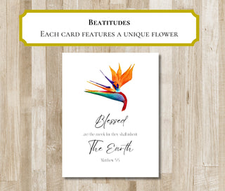 Beatitudes Greeting Cards | Set of 8 Bible Verse Folded Notecards | Custom Flower Artwork | Matthew 5:3-10 | Christian Gift