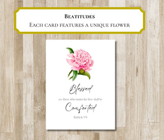 Beatitudes Greeting Cards | Set of 8 Bible Verse Folded Notecards | Custom Flower Artwork | Matthew 5:3-10 | Christian Gift