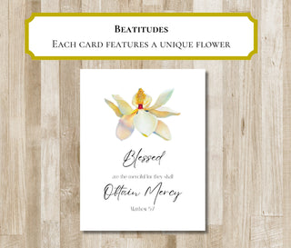 Beatitudes Greeting Cards | Set of 8 Bible Verse Folded Notecards | Custom Flower Artwork | Matthew 5:3-10 | Christian Gift