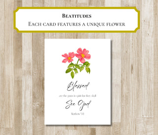 Beatitudes Greeting Cards | Set of 8 Bible Verse Folded Notecards | Custom Flower Artwork | Matthew 5:3-10 | Christian Gift