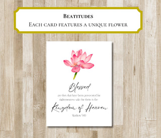 Beatitudes Greeting Cards | Set of 8 Bible Verse Folded Notecards | Custom Flower Artwork | Matthew 5:3-10 | Christian Gift