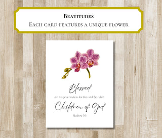 Beatitudes Greeting Cards | Set of 8 Bible Verse Folded Notecards | Custom Flower Artwork | Matthew 5:3-10 | Christian Gift