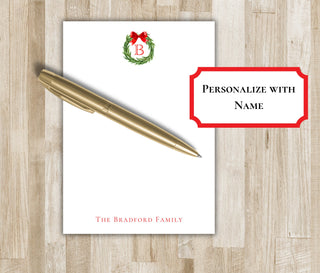 Holiday Wreath & Bow Notepad | Monogram Christmas Notepad | Family Xmas Stationery | Monogram Holiday Gift