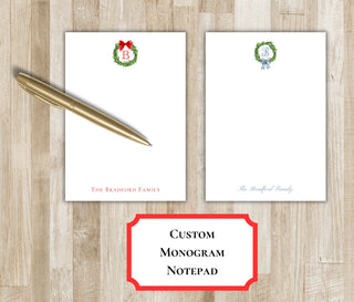 Holiday Wreath & Bow Notepad | Monogram Christmas Notepad | Family Xmas Stationery | Monogram Holiday Gift