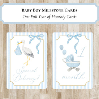Baby Boy Milestone Cards PRINTED or DIGITAL PRINTABLE Option | Preppy Baby Boy Month Markers | Baby Shower Gift