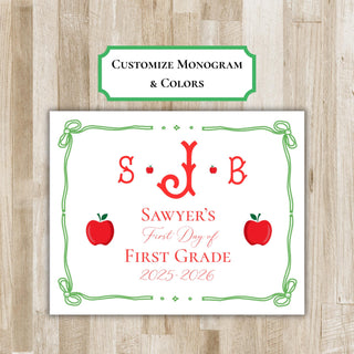 Monogram First Day of School Sign | Personalized Back to School Sign | Preppy Back to School Sign | Printed or Printable
