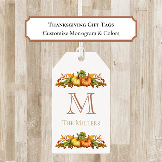 Personalized Thanksgiving Foliage & Pumpkin Monogram Gift Tags | Thanksgiving Family Bag Tags | Elegant Fall Enclosure Card / Tags