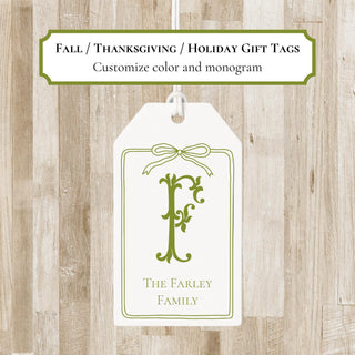 Personalized Thanksgiving Monogram Gift Tags with Bow Border | Thanksgiving Bag Tags | Fall Monogram Gift Tags