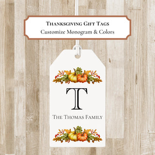 Personalized Thanksgiving Foliage & Pumpkin Monogram Gift Tags | Thanksgiving Family Bag Tags | Elegant Fall Enclosure Card / Tags