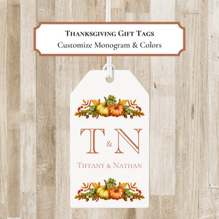 Personalized Thanksgiving Foliage & Pumpkin Monogram Gift Tags | Thanksgiving Family Bag Tags | Elegant Fall Enclosure Card / Tags