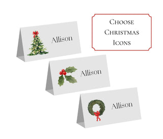Christmas Greenery Place Cards | Xmas Place Cards | Choose your Christmas Greenery Icon - Christmas Tree, Holly, Wreath