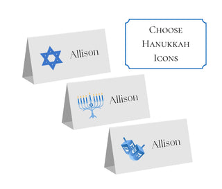 Hanukkah Place-Cards | Chanukah Place Cards | Hanukkah Dinner Table Tent | Menorah, Star of David, Dreidel Icons