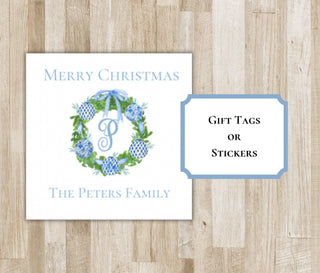 Monogram Light Blue Wreath with Ornaments Christmas Gift Tags or Stickers | Personalized Holiday Gift Tags | Custom Xmas Gift Tags Stickers