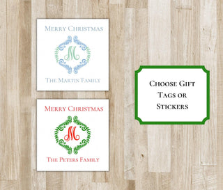 Monogram Wreath Christmas Gift Tags or Stickers | Personalized Holiday Gift Tags | Custom Xmas Gift Tags and Stickers