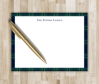 Personalized navy and green tartan plaid border flat notecard with navy family name